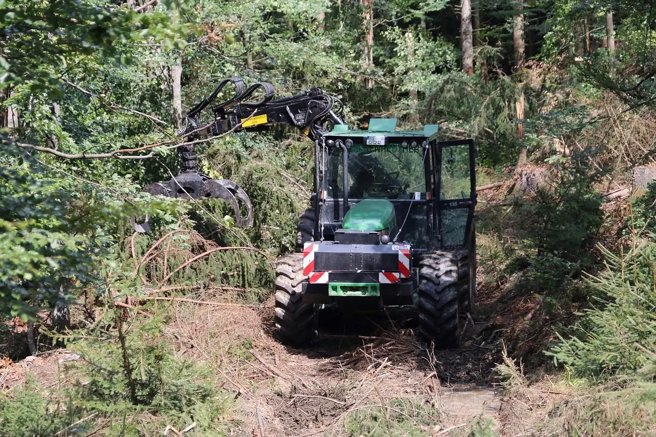 A forestry tractor with a hydraulic grapple arm working among trees and cut brush